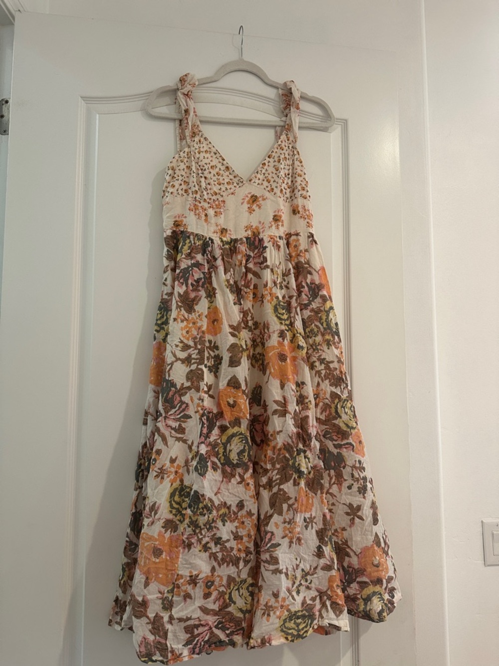 Free People Ivory Floral Tie-Shoulder Sundress with Orange and Green Print